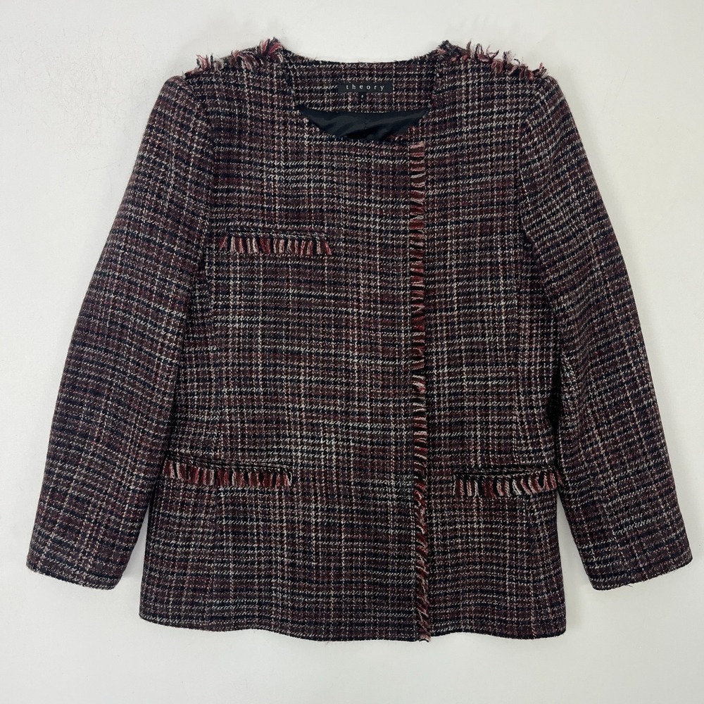 Theory Mylana Tweed Jacket Sz 8 Fringe Trim Blazer Classic Preppy Quiet Luxury